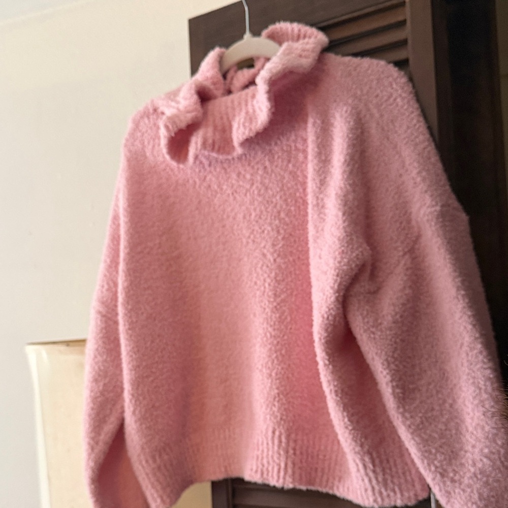 Cozy Pink Ruffle-Neck Women's Sweater